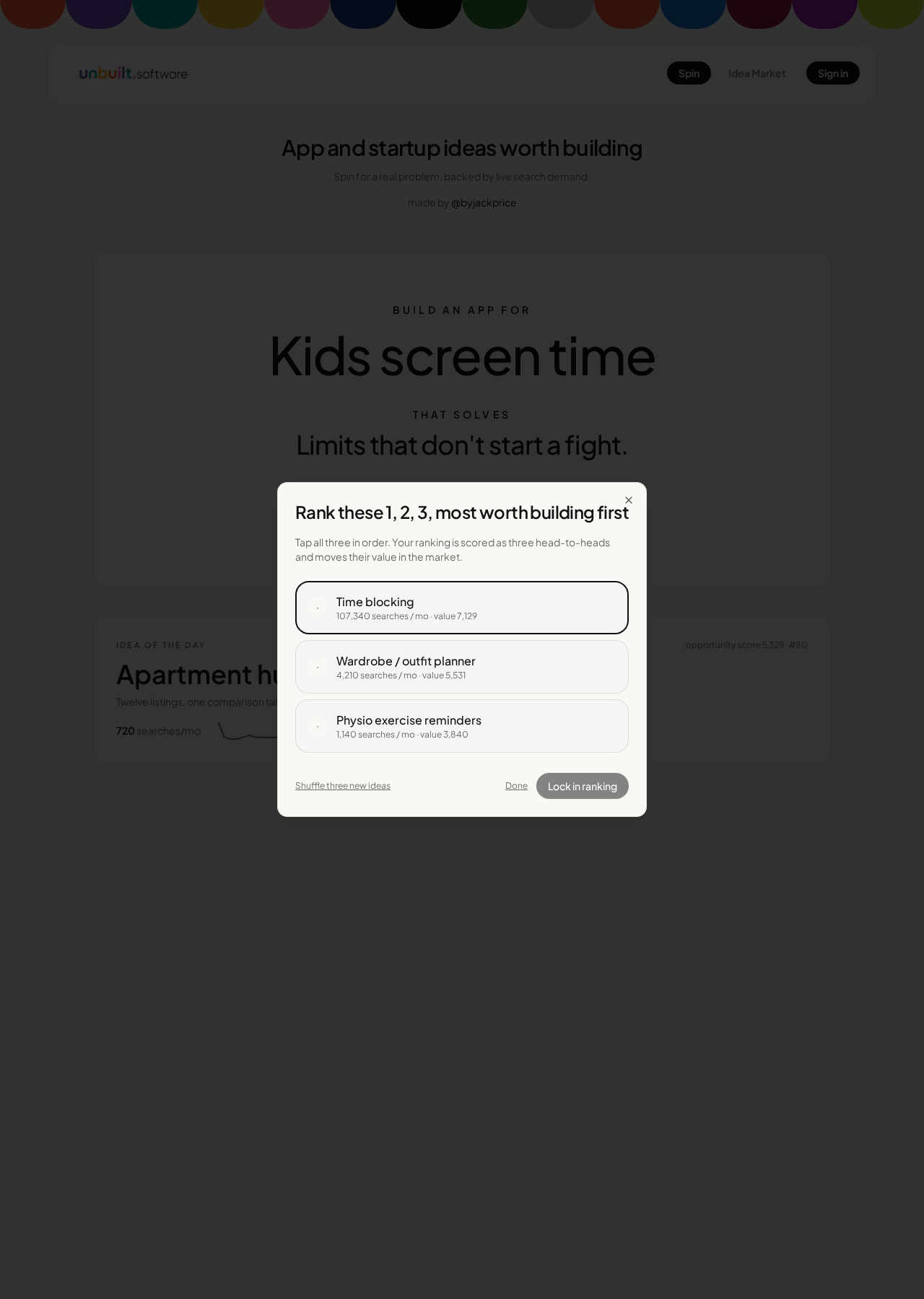 Unbuilt landing page showing app and startup ideas worth building